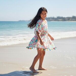 Cat & Jack Floral Kaftan Swim Cover Up XL 14/16 Girls Tassel Trim V-Neck White